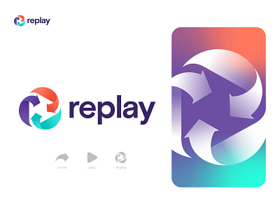Replay Logo Design (Concept: Play Button and Arrow Symbol) brand branding business logo conceptual logo creative logo custom logo logo logo design logodesign logomark logos media logo modern logo play button play logo re play logo symbol unique logo vector