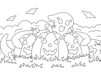 Cute ghost hugs pumpkins. Coloring book page for kids. friends illustration