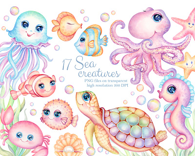 Sea animals clipart, Little friends of Mermaid baby shower illustration magical sea nursery print sea animals starfish watercolor clipart