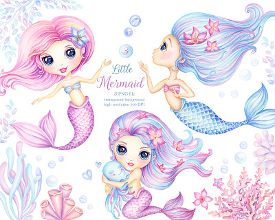 Little Mermaid watercolor clipart baby shower design illust illustration magical sea mermaid nursery print sea watercolor clipart