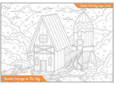 Rocket Garage in The Sky art artwork cartoon coloring book coloring page creative design designs doodle fantasy graphic design illustration lineart outline vector vector illustration