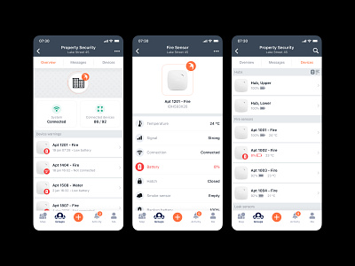 Safeland - Property Security alarm android app building design devices fire ios list mobile overview property sensor sensors ui ux