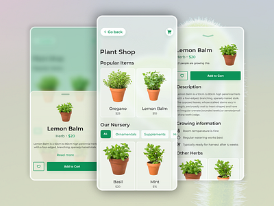 Glassmorphic Plant Store UI app ui design ecom store ecommerce store design mobile app design plant plant store plant store ui plant store ui design ui design user interface design ux design