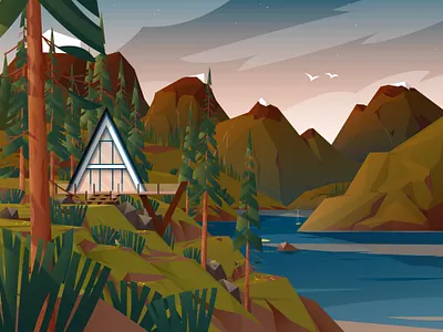 Travel Illustration: New Zealand Fiordland art bird boat cabin design fiord flat geometric illustration illustrator lake mountain nature new zealand rocks seagull travel trees vector waterfall