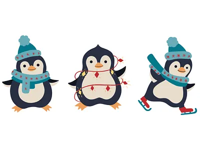 Cute penguins in warm clothes animal christmas cute hand drawn illustration penguins vector