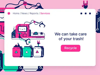Trash recycling illustration automatic design flat graphic design illustration landing recycle robot trash ui vector