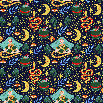 Witch with snake, mushrooms and moon seamless pattern background halooween mystic occult pattern seamless snake vector witch