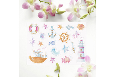 Watercolor stickers "Sea voyage" design hand drawn illustration lighthouse sea stickers summer watercolor