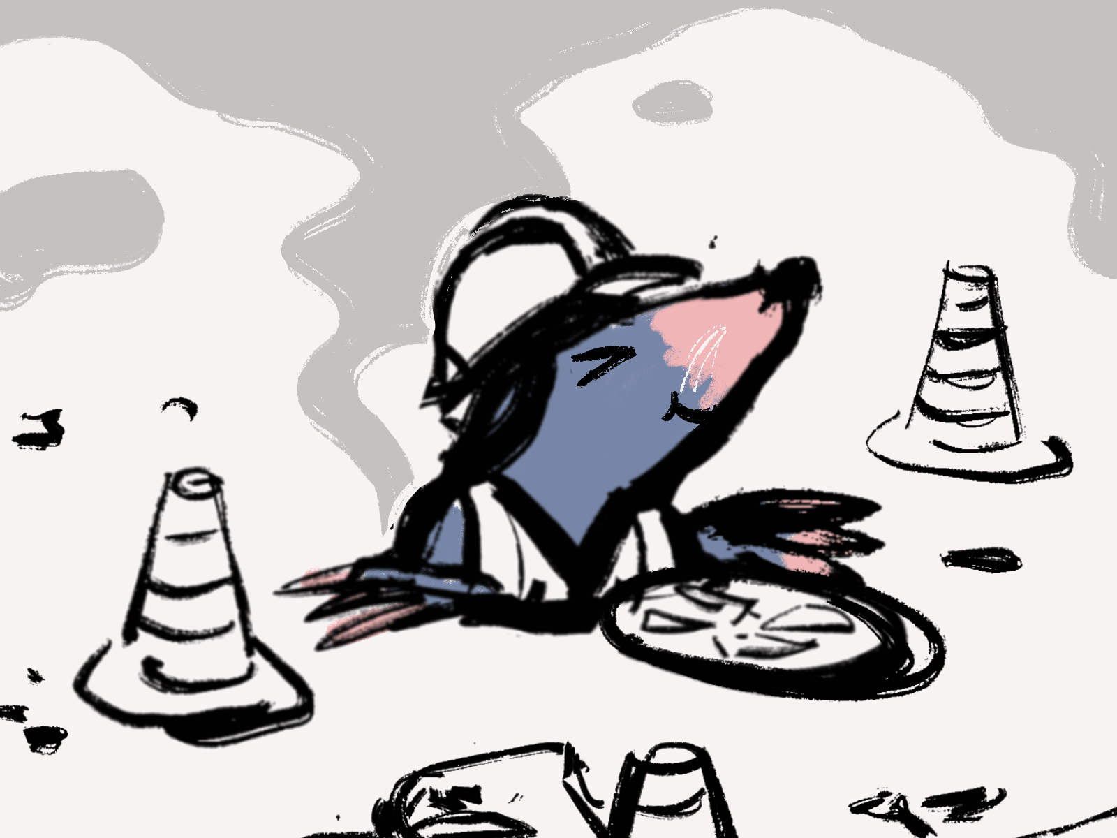 23. Road repair (sketch) animal cartoon mishax mole repair road sketch smoke steam