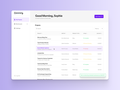 Compose.ly Dashboard app clean dashboard design desktop digital flat minimal product design purple simple ui untitled sans web