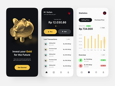 Gold Investment App 3d app black branding design design concept gold investment mobile overview statistics trading transactions ui design uiux ux design white