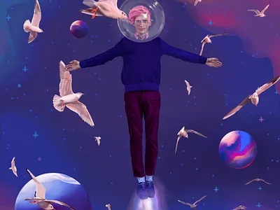 A Dream Traveler astronaut bird color dream fantasy float fly geek graphic design hipster illustration imagination night planets portrait sandman shine space star twinkle