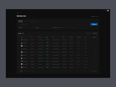 HR - Member List Tables admin dark theme dashboard filters hr list search settings table table ui tables web app