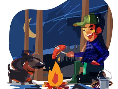 Buddy bushcraft camp campfire camping dog friend pet steak