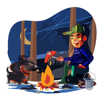 Buddy bushcraft camp campfire camping dog friend pet steak