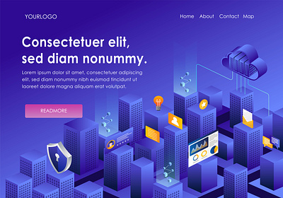 Smart city with analytic data security and cloud server character design flat design graphic design home page illustration lan landing page logo modern ui web design