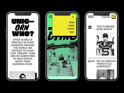 UNICORN ATTACKS_mobile version app black bold branding colour design drop down menu mobile mobile version online product product design responsive design typography ui uiux ux web webdesign