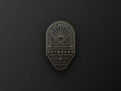 Outbound Collective - The Horizon badge brand branding camp explore gold hike horizon illustration line moutains ocean outdoors sky sun surf tree