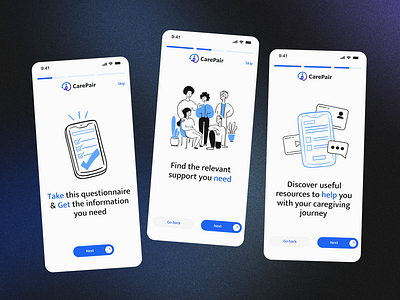 Empathetic & Informative Onboarding appdesign caregiving cleanlayout digitalhealth empathy healthcareapp illustration mobileux onboardingflow userfriendly