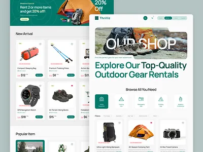 Thrilliz - Rental & Rental Details Page adventure gear camping essentials explore more figma template hiking website mobile friendly no code outdoor life outdoor rentals rental page responsive web thrilliz travel website ui inspiration ui showcase ui trends uxui web design