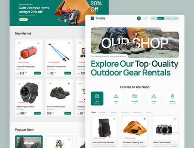 Thrilliz - Rental & Rental Details Page adventure gear camping essentials explore more figma template hiking website mobile friendly no code outdoor life outdoor rentals rental page responsive web thrilliz travel website ui inspiration ui showcase ui trends uxui web design