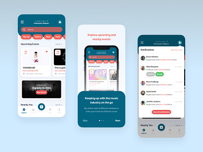 Explore upcoming and nearby events app avatar belgium calender design events friends genres icon introduction invite location mobile music notification popup search tickets ui ux