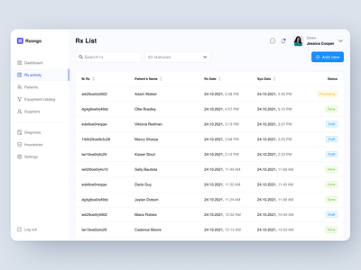 RX Medical Platform dashboard doctor medical medical equipment table ui ux