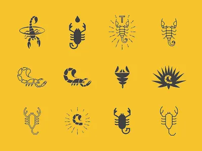 Telson Tequila Scorpions animal black brand branding crustaceans icon illustration logo scorpion telson tequila vector yellow