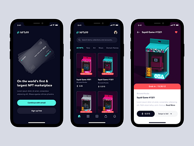 NFTs Mobile App Exploration bitcoin crypto cryptocurrency dark mode design doge figma ios mobile app nft nft app squid game ui ux