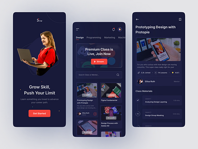 Sinauw - Online Course Mobile Dark Mode class category class detail class lessons class splash screen course mobile app course splash screen design class detail lesson course detail materials education app elearning app elearning detail mobile dark mode mobile education app online course mobile online study app prototyping detail class study app study detail study splash screen