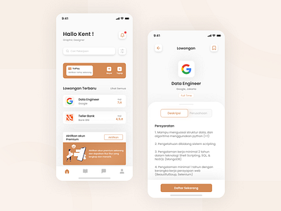 Yokerja - job finder app aplication app app design brown clean design google graphic design interface job job finder layout mobile mobile design simple ui uiux ux work working