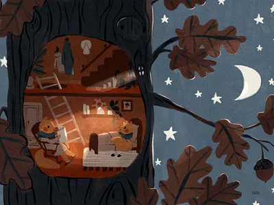Squirrels Bedtime Stories adorable bedtime stories childrens book illustration childrens illustration cozy gouache house in the forest illustration for kids kids illustration moon illustration night illustration preschool squirrel family squirrel illustration story reading tiny and cute treehouse