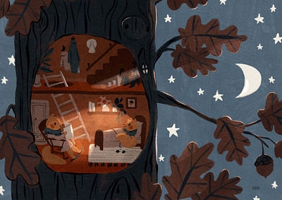 Squirrels Bedtime Stories adorable bedtime stories childrens book illustration childrens illustration cozy gouache house in the forest illustration for kids kids illustration moon illustration night illustration preschool squirrel family squirrel illustration story reading tiny and cute treehouse