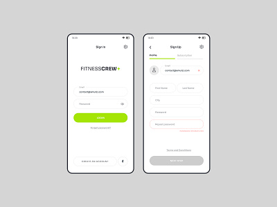 FitnessCrew App Login and Sign Up Screens