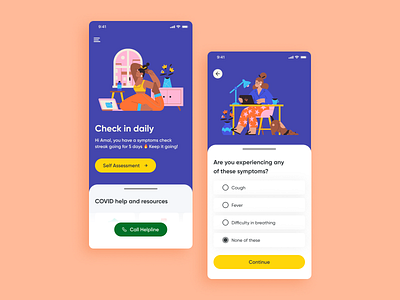 COVID-19 Self Assessment App app covid covid 19 covid resources design emergency graphic design helpline illustration mobile app symptom test ui vector