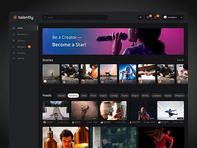 Home page product design | Social media blogger creative people creator dark home dark mode dark mode home dashboard home home dashboard home page home screen interface platform product design social media social network talent ui video maker web app