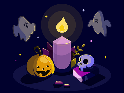 Creepy candlelight dance 31st autumn blue book candle fall ghost ghosts halloween holiday illustration light october orange pumpkin purple scary shadows skull treak or treat