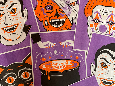 Tis' The Season cauldron clown dracula halloween illustration orange poster print purple riso risograph