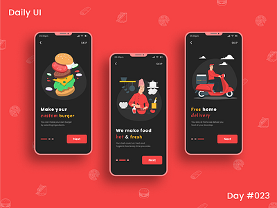 Daily Ui Challenge - Onboarding 23 app onboarding appui burger app burger shop dailyui dailyuichallenge dark theme darktheme day23 fast food food food app food app onboarding food ordering app onboarding ordering app uidesign uiux