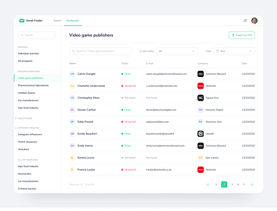 Email Finder – Results accordion app app design application csv desktop email filter green list nav pagination save search table ui
