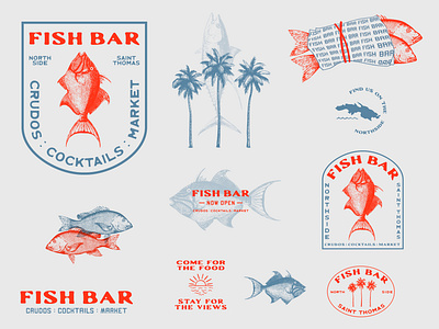 Logo + Branding Design: Fish Bar, St. Thomas US Virgin Islands bar branding bar logo branding cocktails crudos design fish logo fish market french colors illustration logo palm tree logo restaurant branding seafood snapper fish triggerfish tuna us virgin islands vector