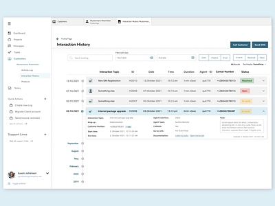 Customer Interaction History activitylog call callcenter callhistory calllog coorporate ui design customerinteractionhistory design filtering history interactionhistory interactionlog list minimalistic suggestions tagging tags timeline ui uidesign