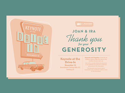 Keynote 2020 Invite Concepting 1950s creamsicle drive in invitation keynote mailer mid century movie nonprofit peach postcard print design retro summer theater vintage