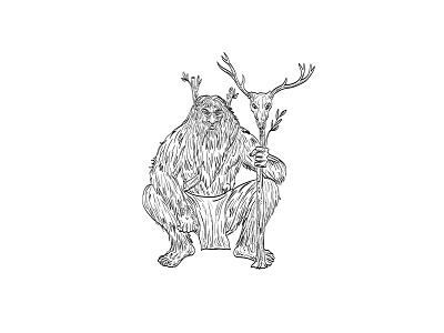 Basajaun Lord of the Woods in Basque Mythology Squatting Drawing basajaun basajaunak basque basque mythology deer skull drawing hairy hominid huge lord of the woods male squatting staff