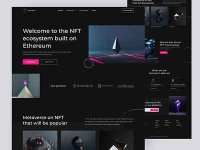 SPIN.ART - NFT Company Landing Page bitcoin blockchain clean company crypto cryptocurrency dark mode design digital art ethereum landing page marketplace minimal nft nft landing page ui ui design uiux whitespace