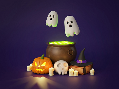 3D Illustration Happy Halloween 3d book cauldron character design free ghost halloween halloween 3d happy halloween icon illustration pumpkin render skull trickortreat web website witch hat