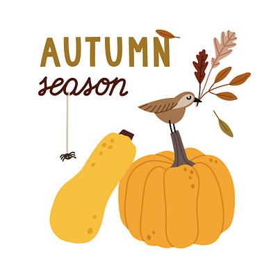 Autumn season card. autumn bird card fall garden harvest illustration leaves lettering plant pumpkin season spider vector