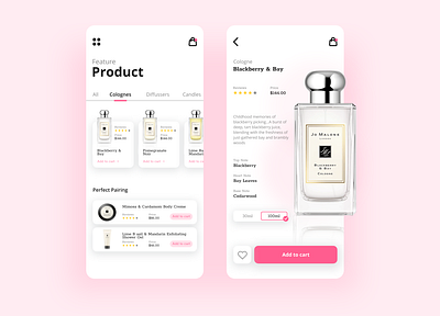 Jo Malone App Design android app beauty colognes design fragrance girl illustration jomalone mobile perfume pink ui