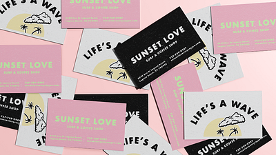 Sunset Love Surf & Coffee Shop art direction bold branding businesscard coffee graphic design illustration logo logodesign pink retro surf surfshop vintage