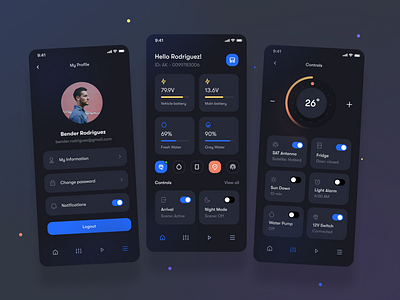 Smart Home for Vehicles app application automotive car clean controls dark dark ui dashboard design interface ios minimal mobile app smarthome ui ux vehicle